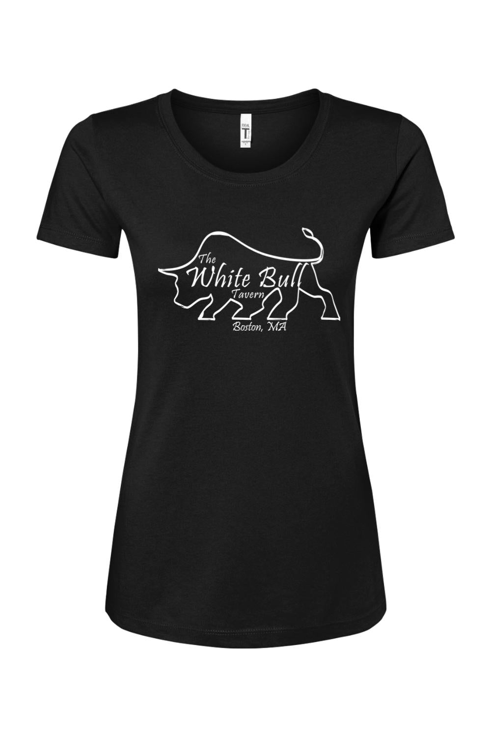 Black women's crew neck t-shirt featuring a white line-art bull logo with The White Bull Tavern Boston, MA text.