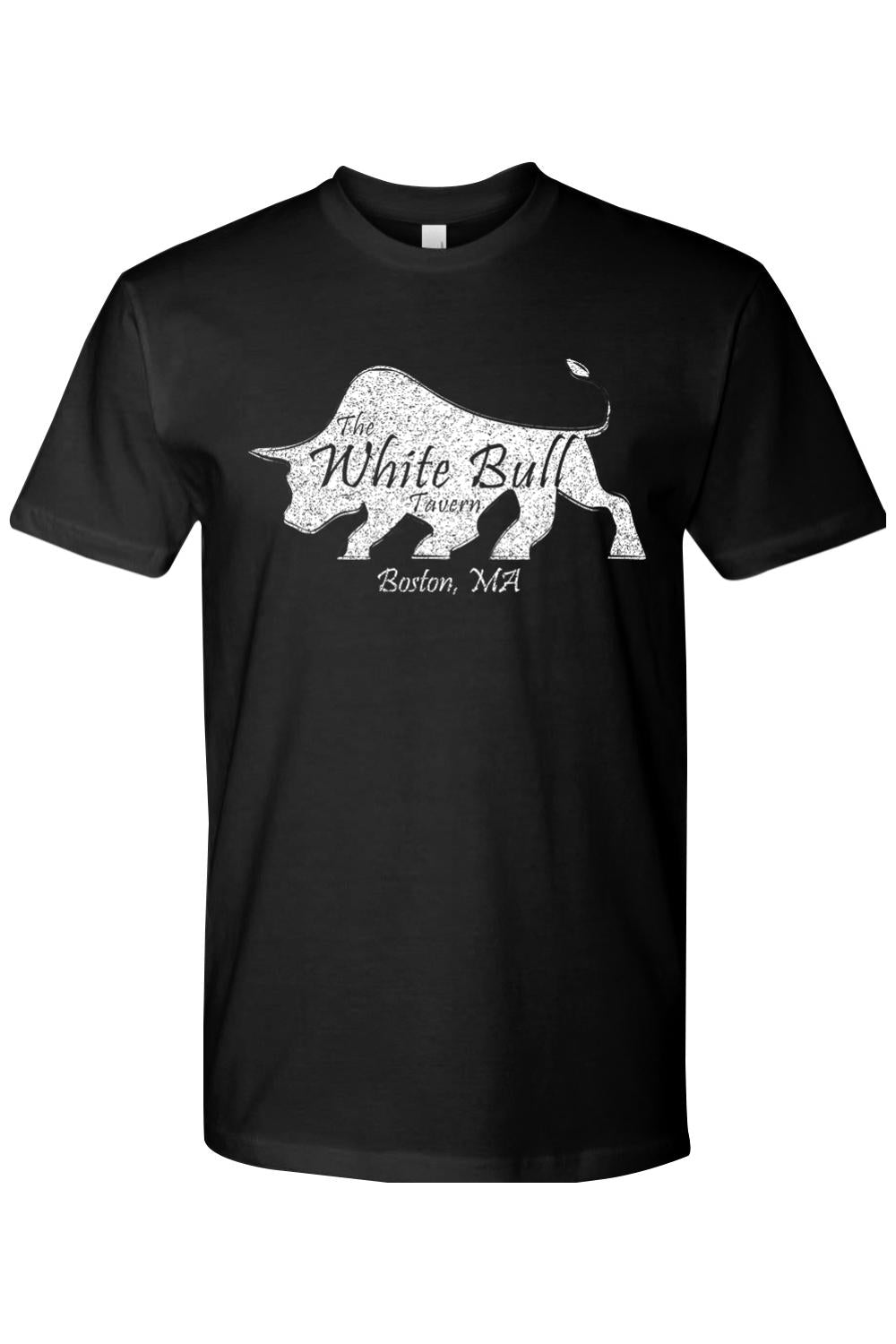 Black crewneck t-shirt featuring a distressed white bull graphic and The White Bull Tavern Boston, MA text.