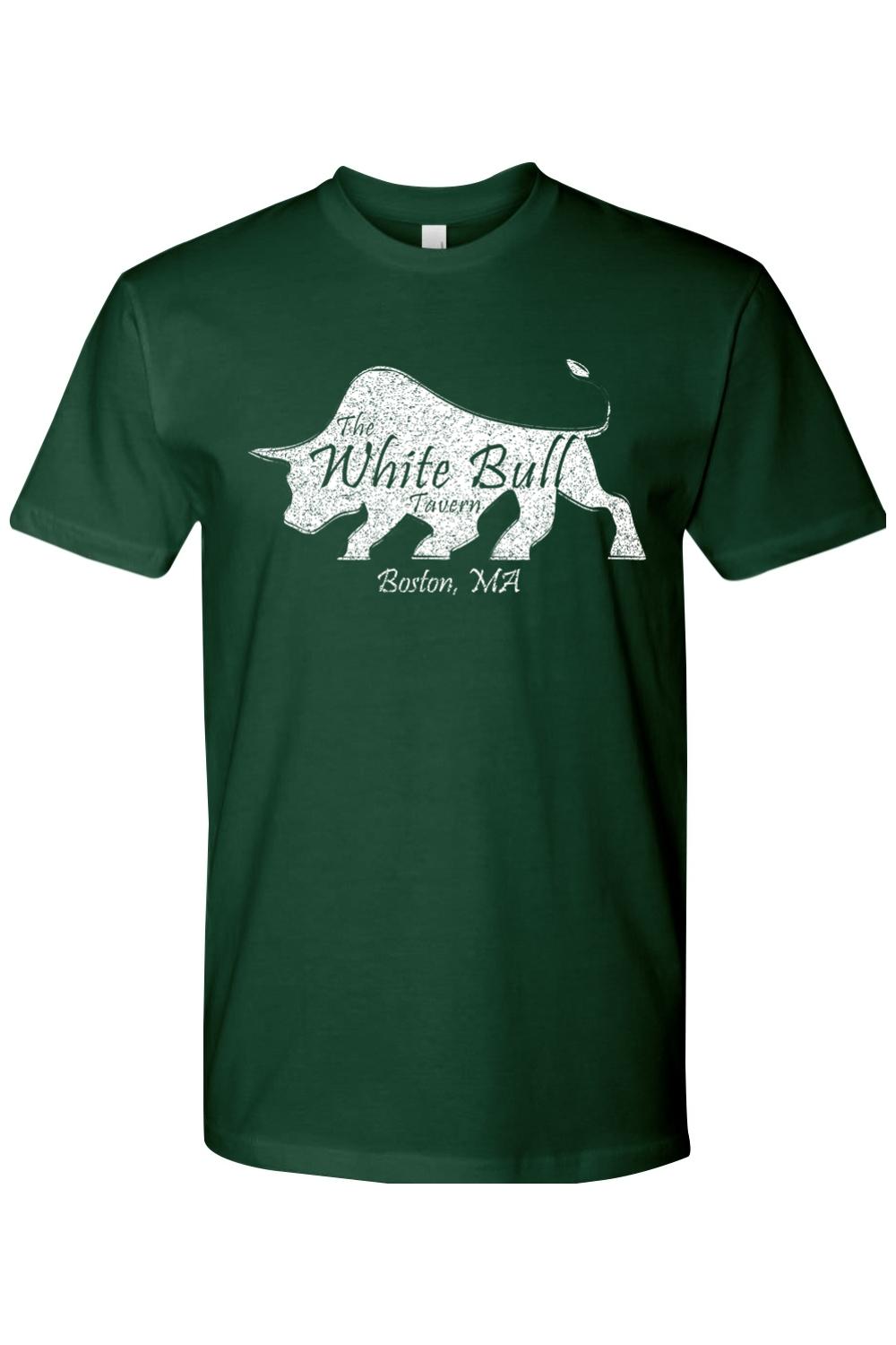 Dark green fitted crewneck t-shirt featuring a distressed white bull logo and The White Bull Tavern Boston text.