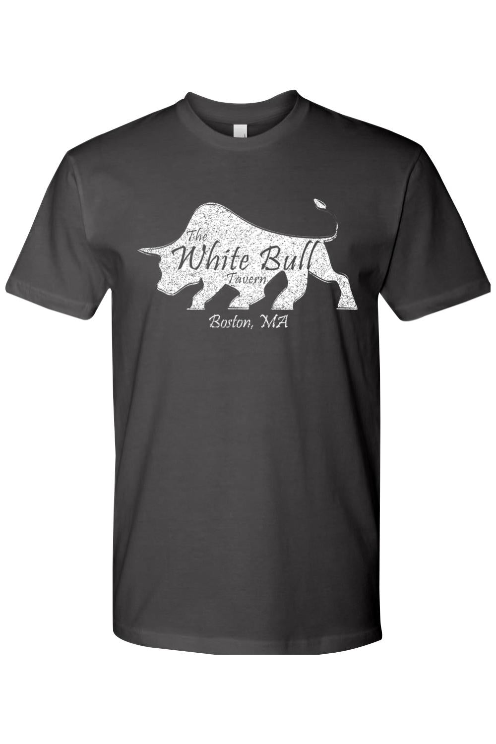 Dark gray fitted crewneck tee featuring a distressed white bull graphic and The White Bull Tavern Boston, MA text.