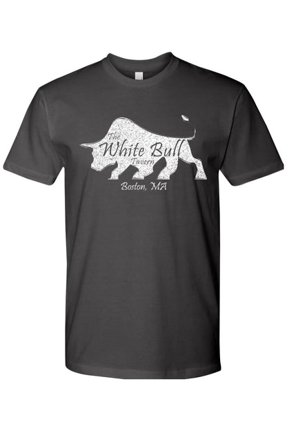 Dark gray fitted crewneck tee featuring a distressed white bull graphic and The White Bull Tavern Boston, MA text.