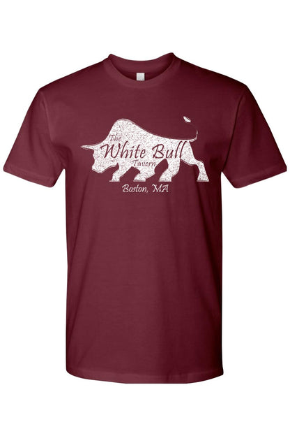 Maroon crewneck t-shirt featuring a distressed white bull graphic and The White Bull Tavern Boston, MA text.