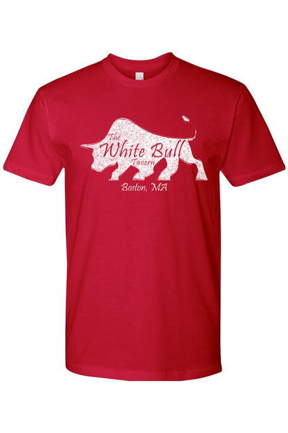 Red fitted crewneck t-shirt featuring a white distressed graphic of a bull with The White Bull Tavern Boston, MA text.