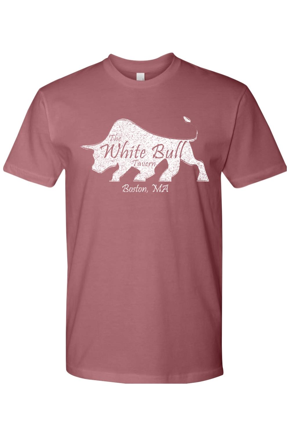 Dusty rose fitted crewneck t-shirt featuring a distressed white bull graphic and The White Bull Tavern Boston, MA text.