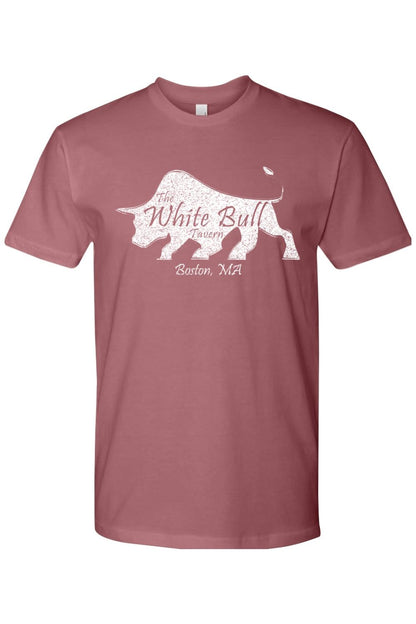 Dusty rose fitted crewneck t-shirt featuring a distressed white bull graphic and The White Bull Tavern Boston, MA text.