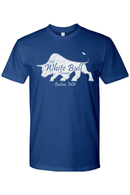 Royal blue fitted crewneck t-shirt featuring a distressed white bull graphic and The White Bull Tavern Boston text.