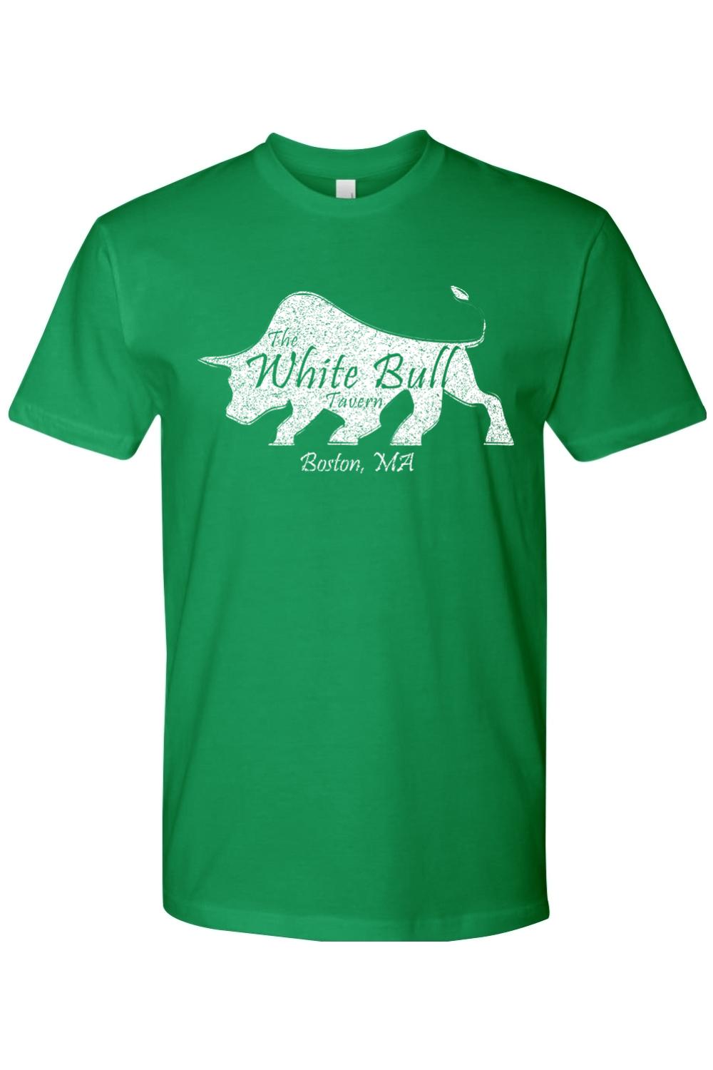 Green fitted crewneck t-shirt featuring a white distressed bull graphic and The White Bull Tavern Boston text.