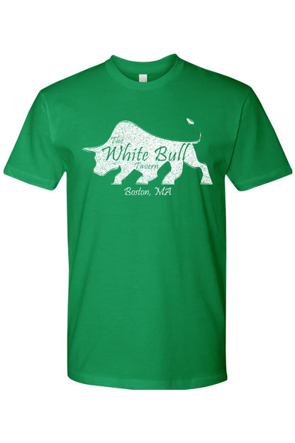Green fitted crewneck t-shirt featuring a white distressed bull graphic and The White Bull Tavern Boston text.