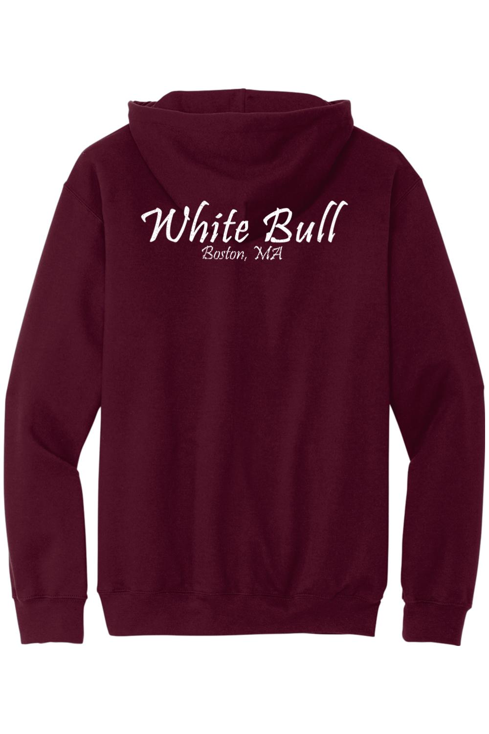Maroon midweight hoodie featuring white White Bull Boston, MA text on the back.