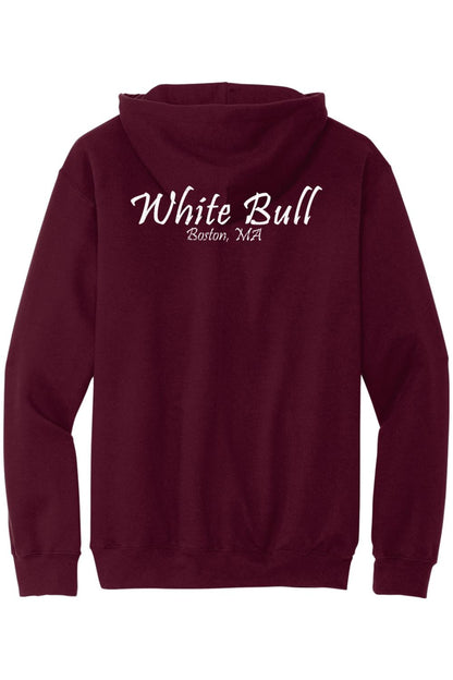 Maroon midweight hoodie featuring white White Bull Boston, MA text on the back.