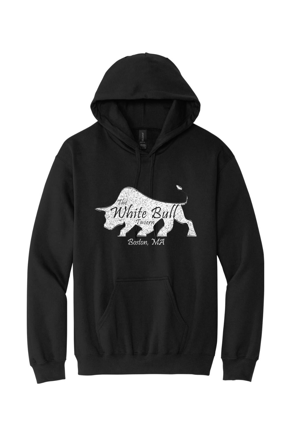 Black midweight hoodie featuring a distressed white bull graphic and The White Bull Tavern Boston, MA text.