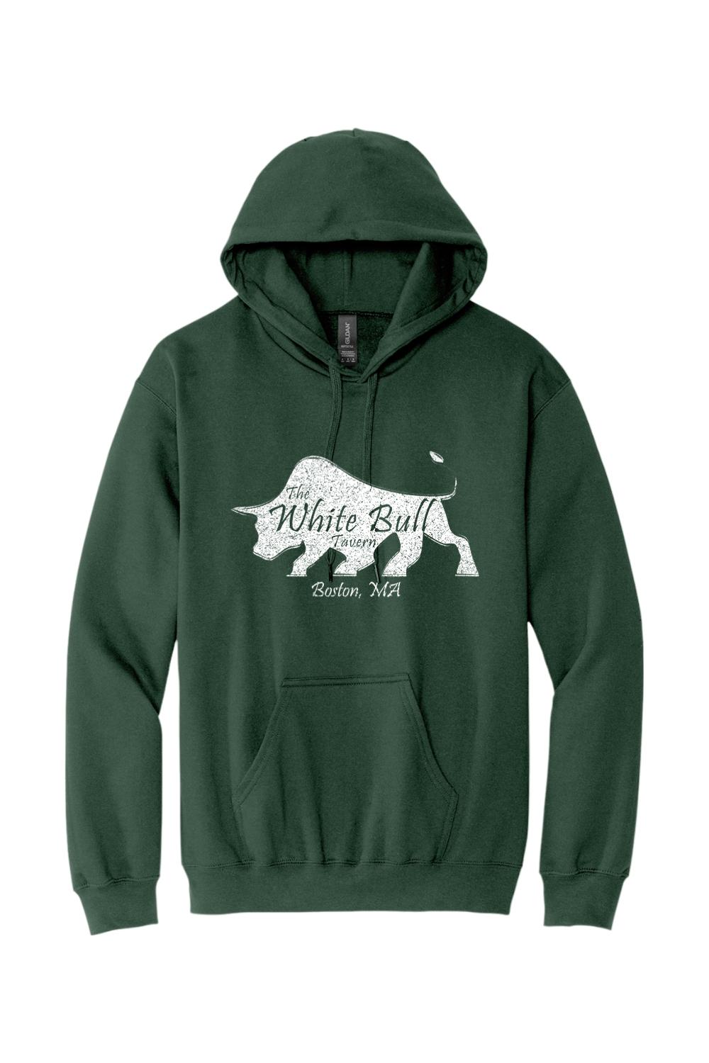 Dark green midweight hoodie featuring a white distressed bull logo and The White Bull Tavern Boston, MA text.