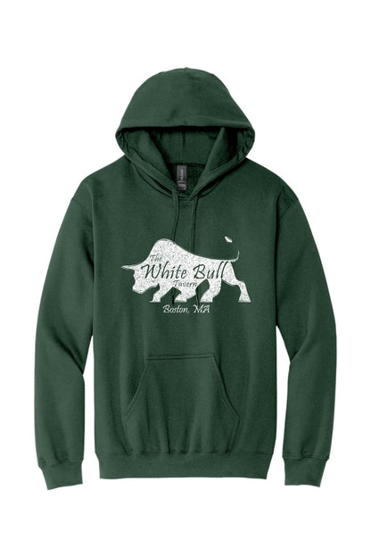 Dark green midweight hoodie featuring a white distressed bull logo and The White Bull Tavern Boston, MA text.