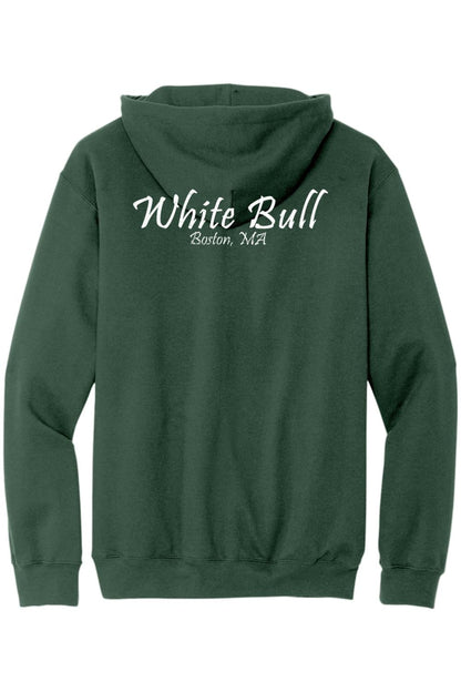 Dark green midweight zip-up hoodie featuring white White Bull Boston, MA text on the back.