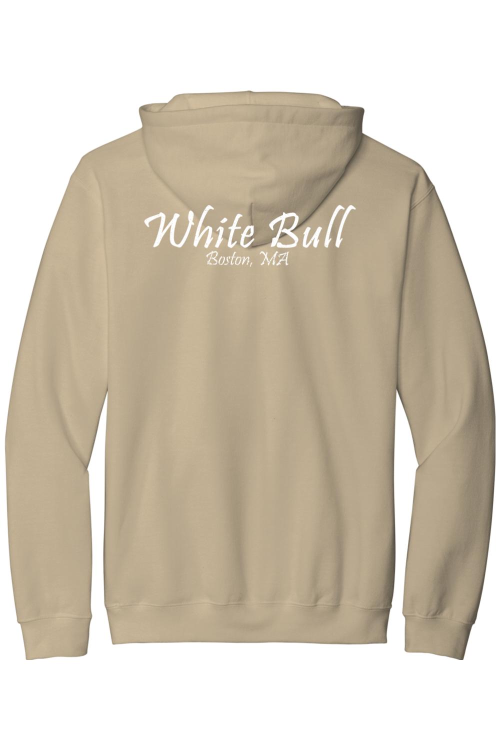 Tan midweight cotton hoodie featuring white White Bull Boston, MA text printed on the back.