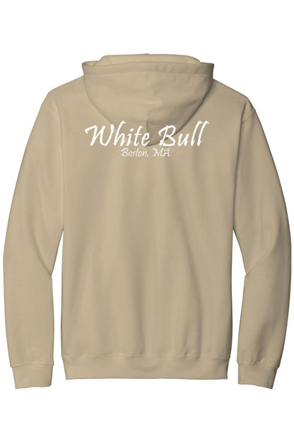 Tan midweight cotton hoodie featuring white White Bull Boston, MA text printed on the back.