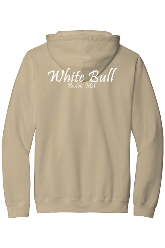 Tan midweight cotton hoodie featuring white White Bull Boston, MA text printed on the back.