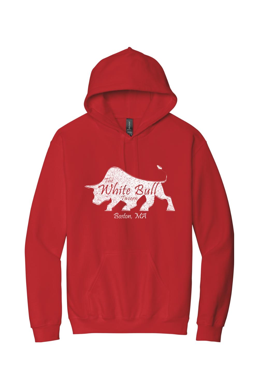 Red midweight hoodie featuring a white distressed bull logo and The White Bull Tavern Boston, MA text.