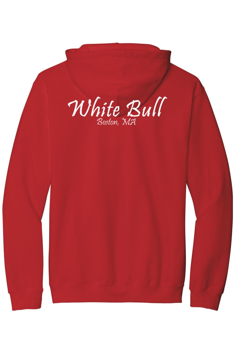 Red midweight hoodie featuring White Bull Boston, MA text in white on the back.