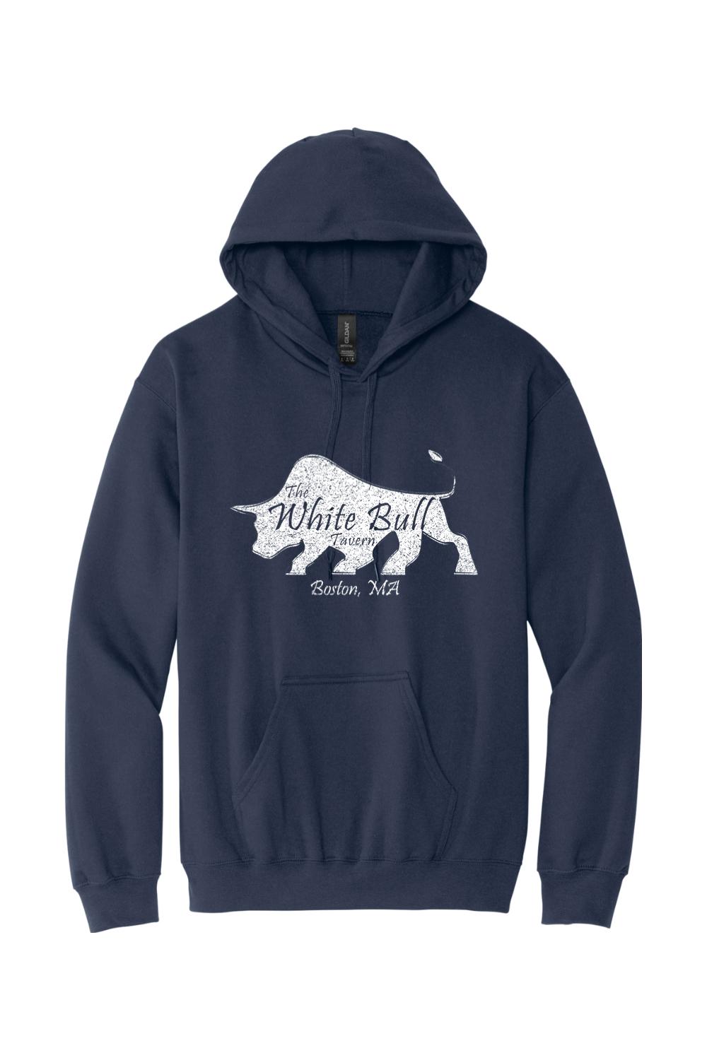 Navy blue midweight hoodie with a white distressed bull graphic and The White Bull Tavern Boston, MA text.