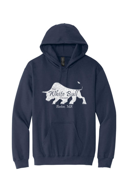 Navy blue midweight hoodie with a white distressed bull graphic and The White Bull Tavern Boston, MA text.