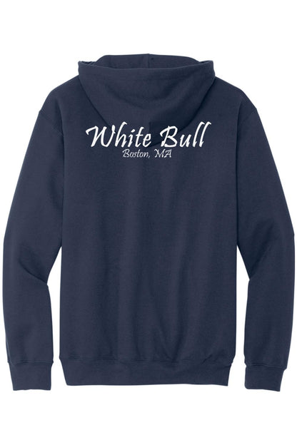Navy blue midweight hoodie featuring White Bull Boston, MA white text on the back.