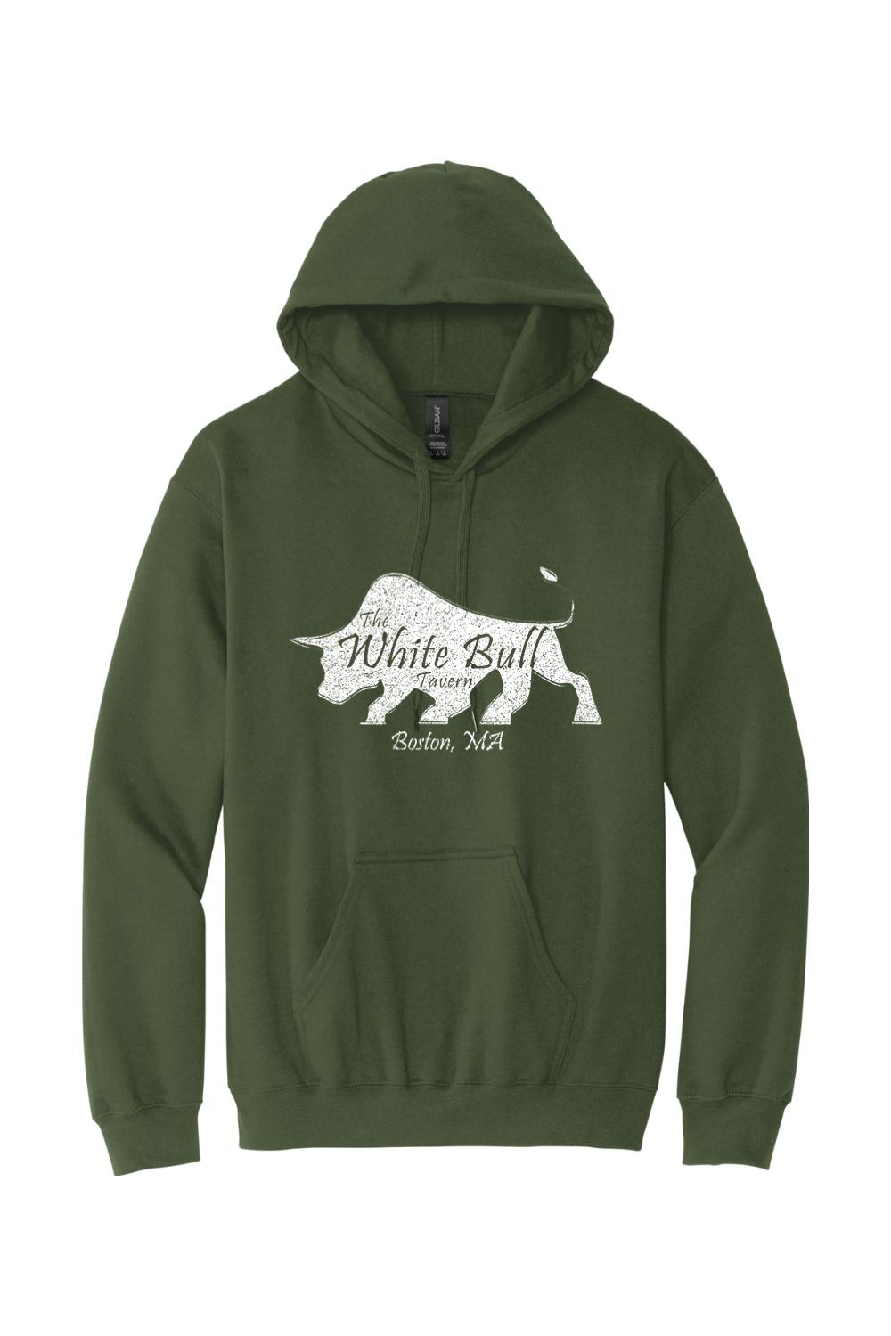 Forest green midweight hoodie featuring a distressed white bull logo and The White Bull Tavern Boston, MA text.