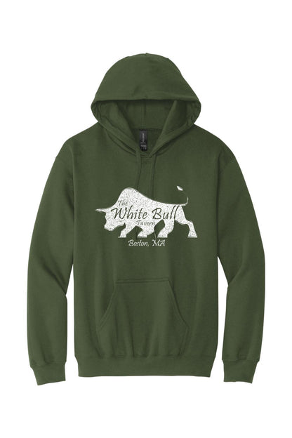 Forest green midweight hoodie featuring a distressed white bull logo and The White Bull Tavern Boston, MA text.
