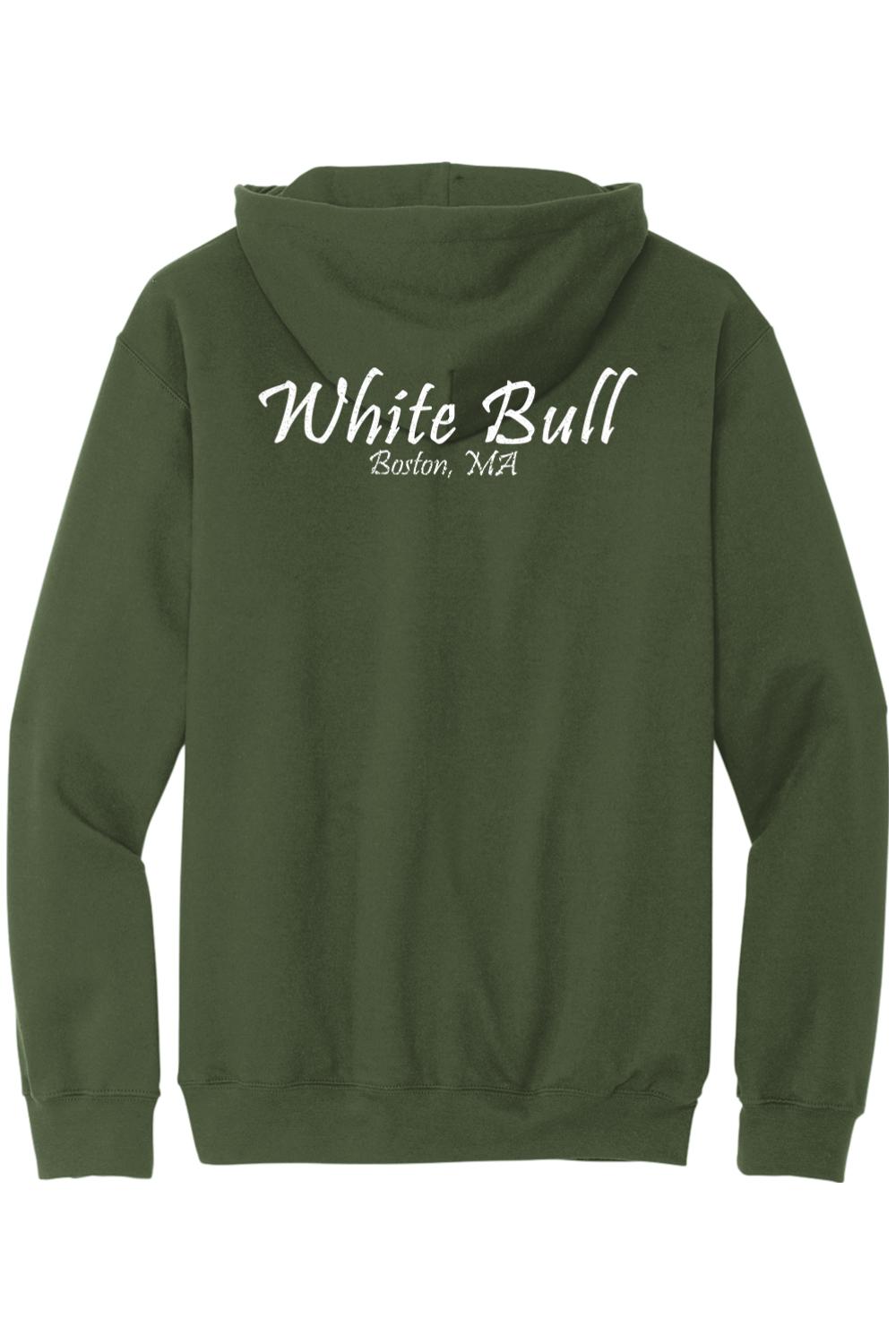 Olive green midweight zip-up hoodie featuring White Bull Boston, MA text in white on the back.