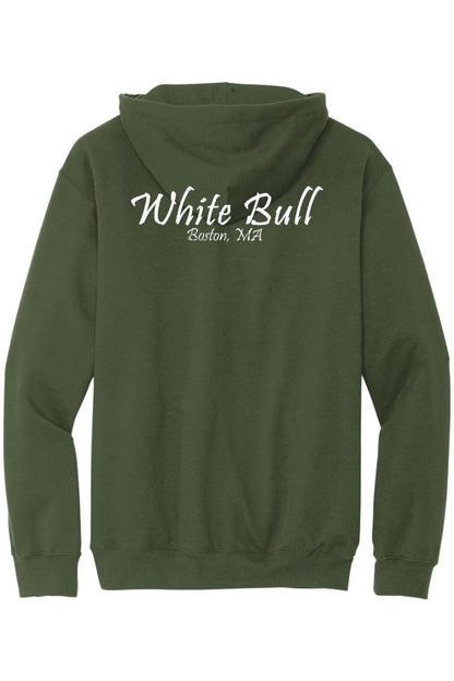 Olive green midweight zip-up hoodie featuring White Bull Boston, MA text in white on the back.