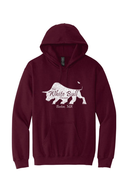 Maroon midweight hoodie featuring a white distressed White Bull Tavern Boston, MA logo and front kangaroo pocket.
