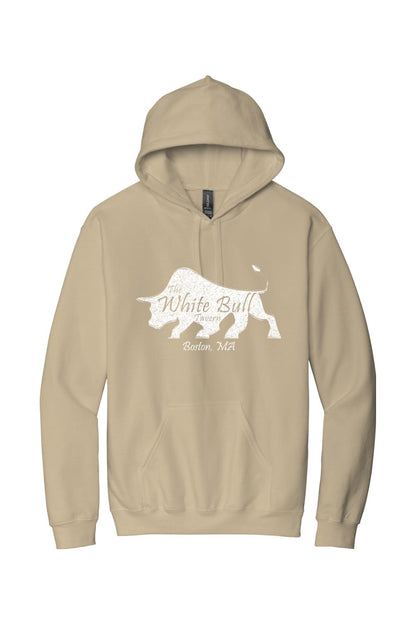 Tan midweight hoodie featuring a white distressed bull graphic with The White Bull Tavern Boston, MA text.
