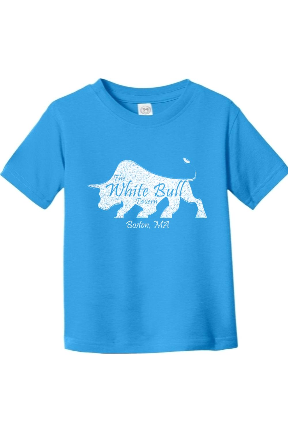 Bright blue toddler fine jersey t-shirt featuring a white distressed bull graphic and The White Bull Tavern logo.