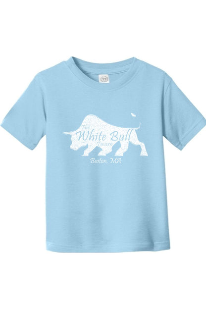 Light blue toddler fine jersey t-shirt featuring a white bull graphic and The White Bull Tavern Boston, MA text.