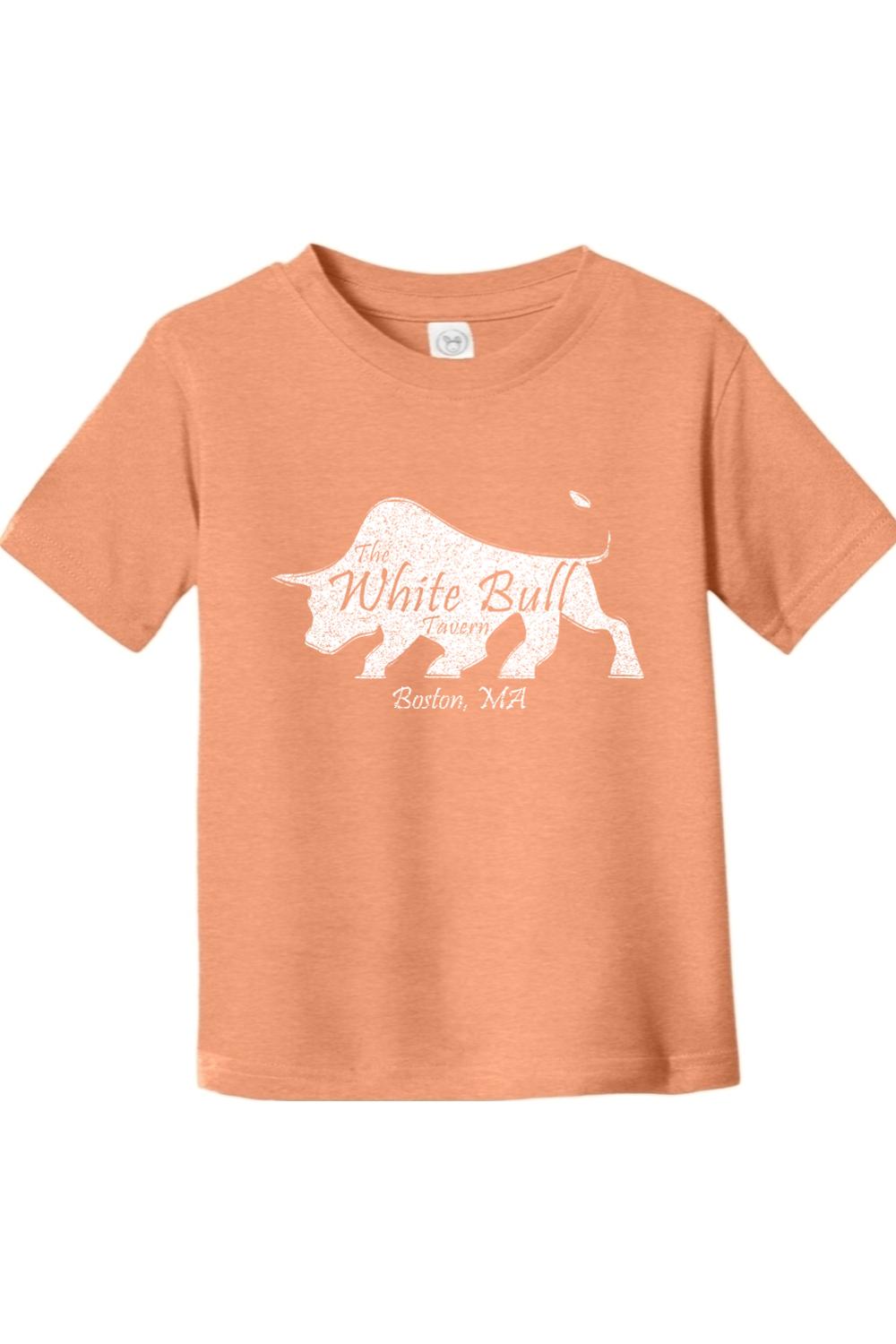 Peach-colored toddler fine jersey t-shirt with a white bull graphic and The White Bull Tavern Boston, MA text.
