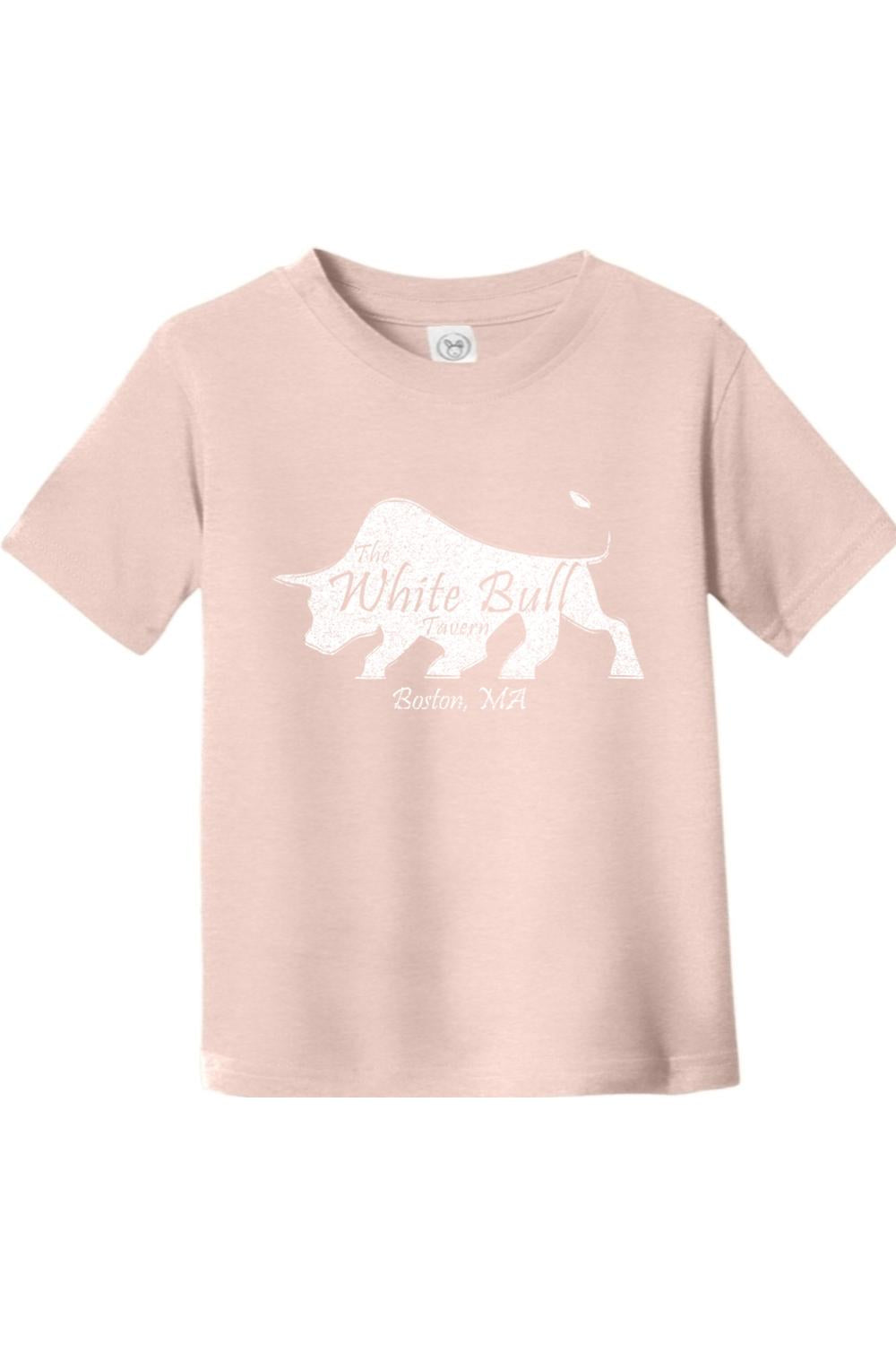 Soft pink toddler fine jersey t-shirt featuring a white bull graphic and The White Bull Tavern Boston, MA text.