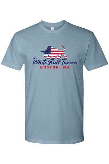 Light blue cotton men's t-shirt featuring a White Bull Tavern logo with a red, white, and blue American flag bull graphic.
