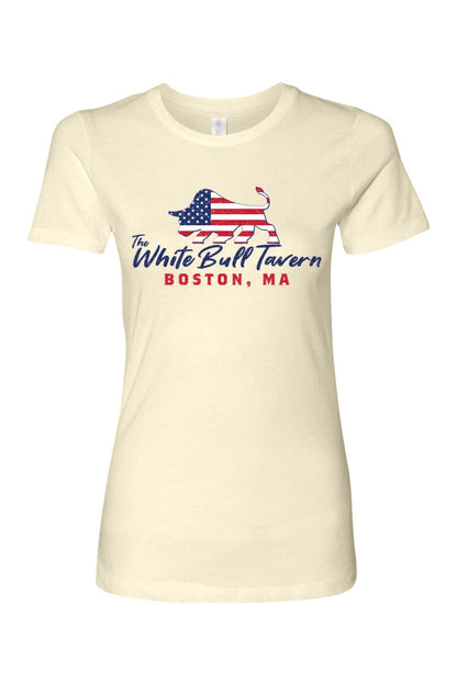 Women's cream cotton t-shirt featuring a red, white, and blue American flag bull graphic and White Bull Tavern text.