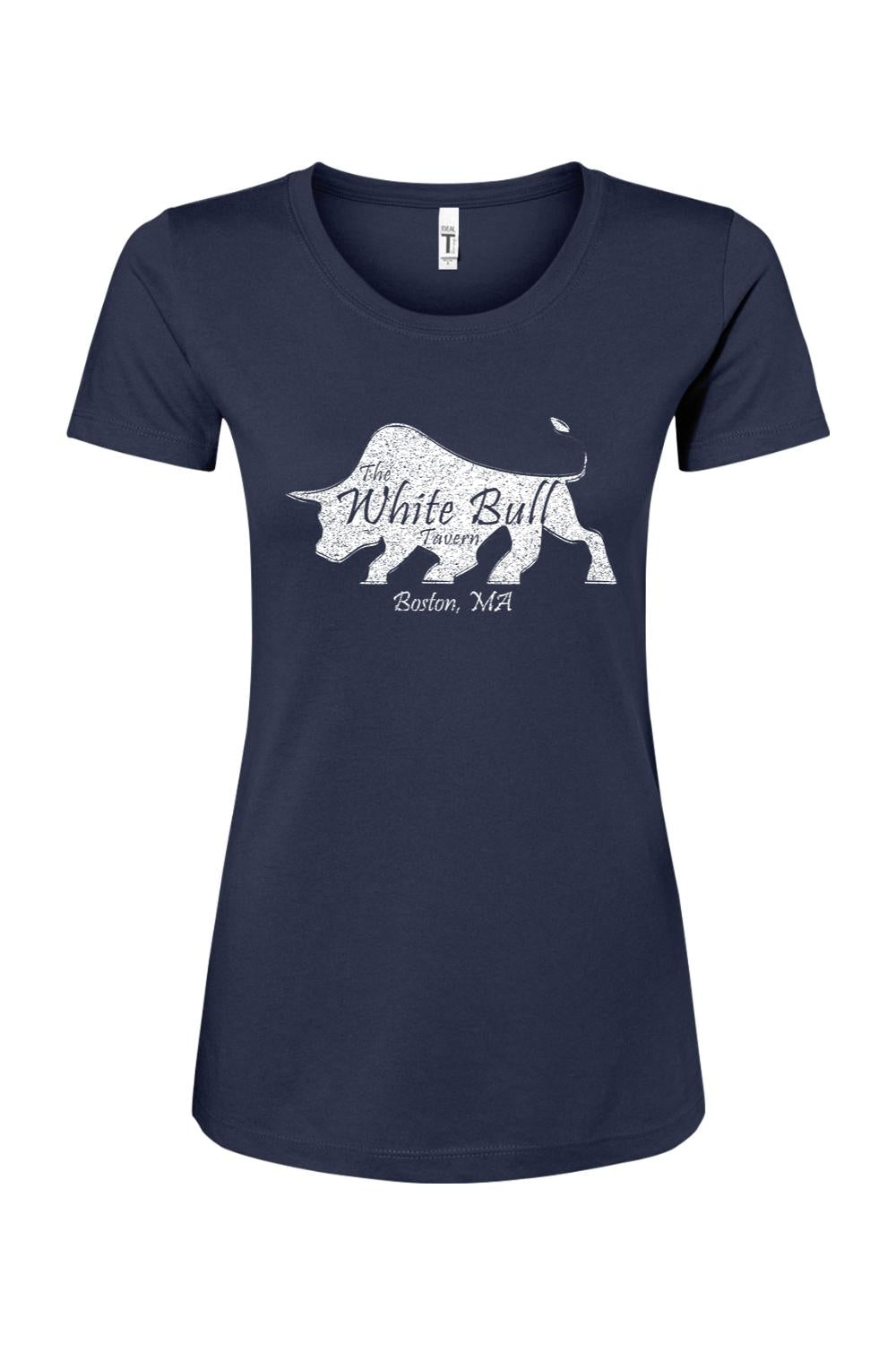 Navy blue women's crew neck T-shirt featuring a distressed white bull logo and The White Bull Tavern Boston text.