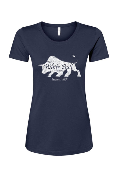 Navy blue women's crew neck T-shirt featuring a distressed white bull logo and The White Bull Tavern Boston text.