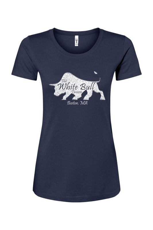 Navy blue women's crew neck T-shirt featuring a distressed white bull logo and The White Bull Tavern Boston text.