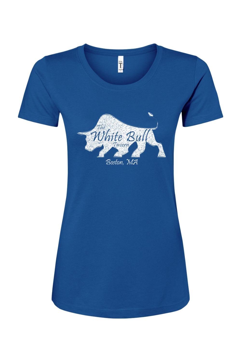 Royal blue women's crew neck T-shirt featuring a distressed white bull logo and The White Bull Tavern Boston text.