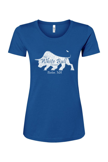 Royal blue women's crew neck T-shirt featuring a distressed white bull logo and The White Bull Tavern Boston text.