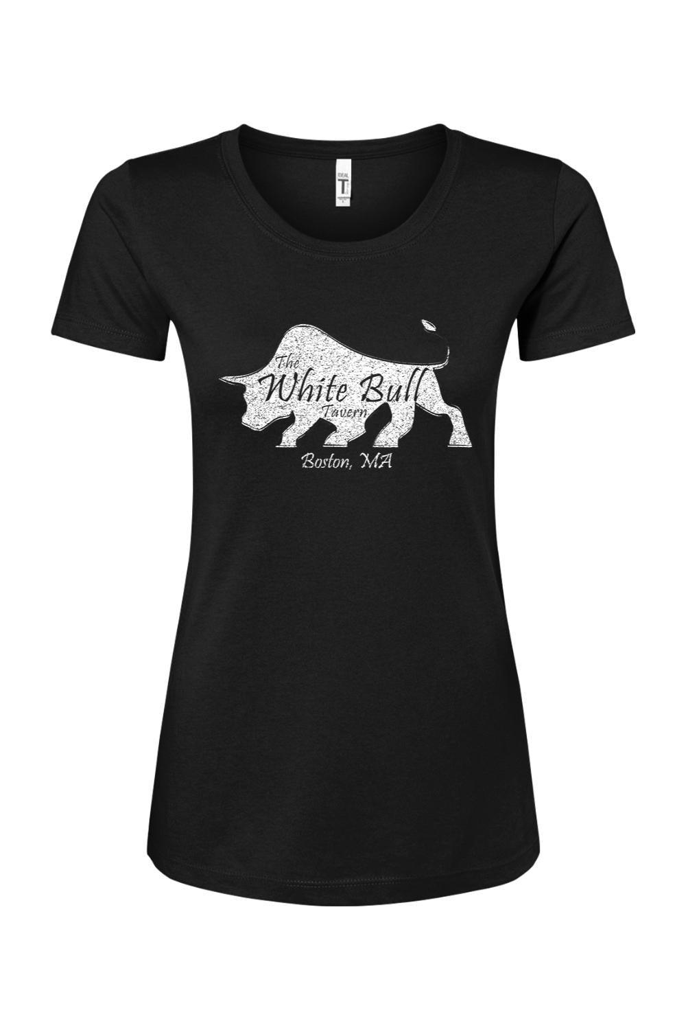 Black women's crew neck t-shirt featuring a distressed white bull logo and The White Bull Tavern Boston text.