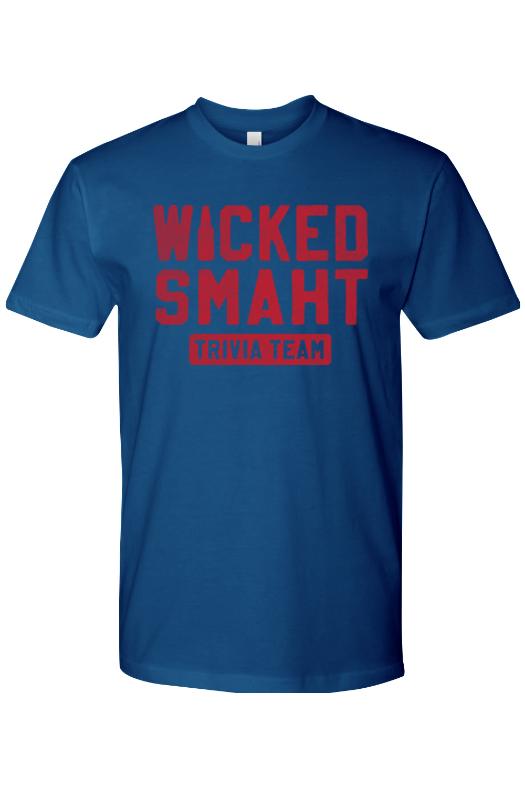Blue 100% cotton men's t-shirt featuring red Wicked Smaht Trivia Team text graphic on the chest.