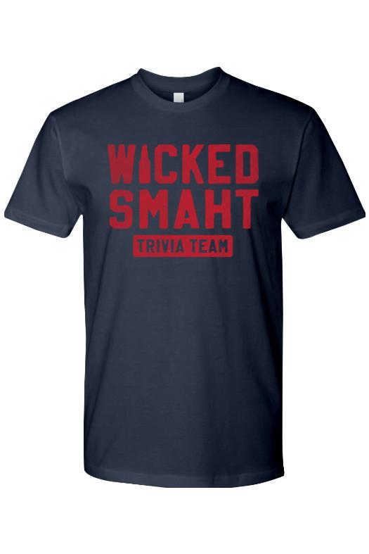 Navy blue 100% cotton men's t-shirt featuring red Wicked Smaht Trivia Team text graphic on the chest.