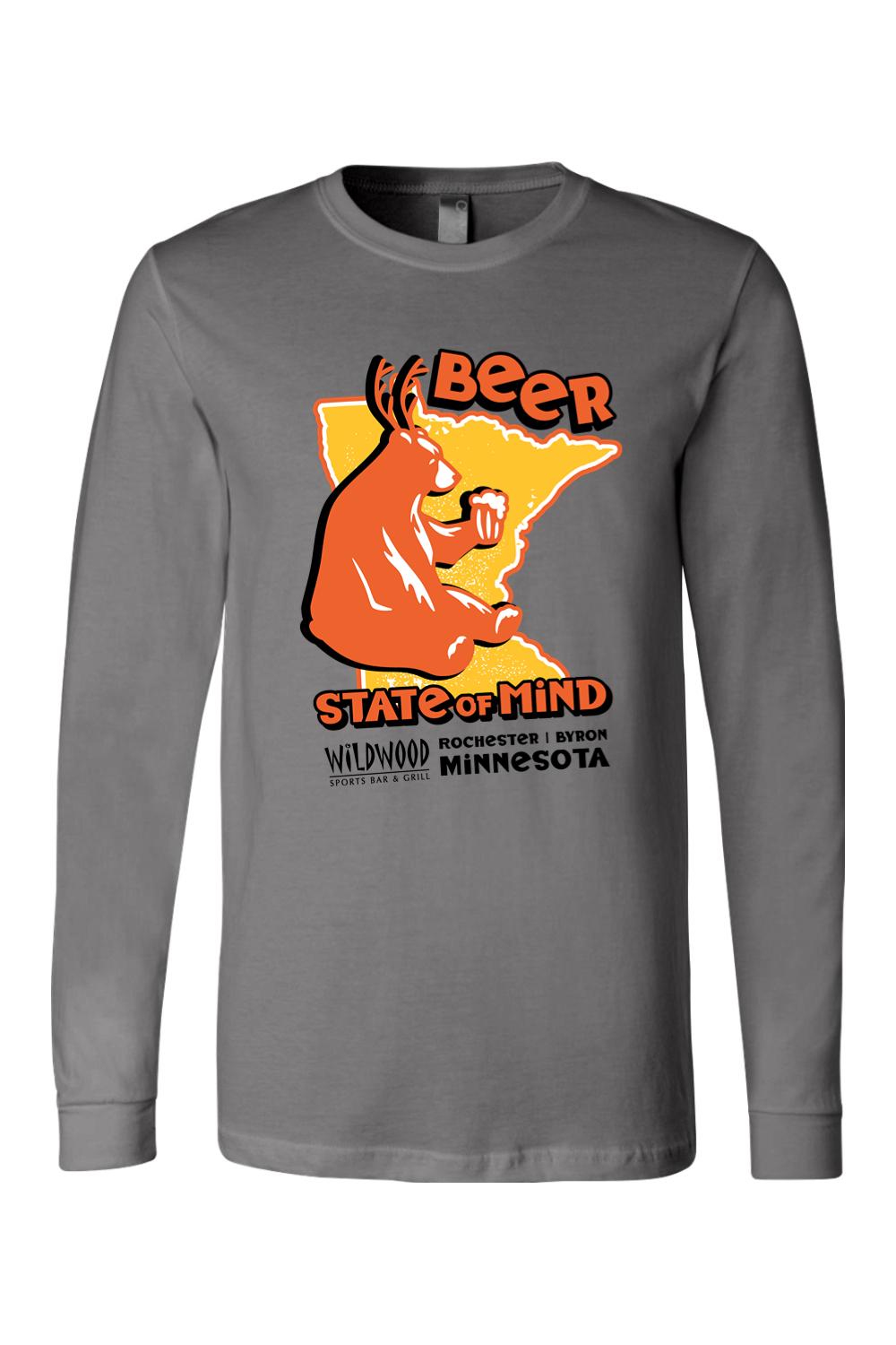 Grey long-sleeve cotton jersey featuring a beer-drinking bear graphic over a yellow Minnesota state outline.