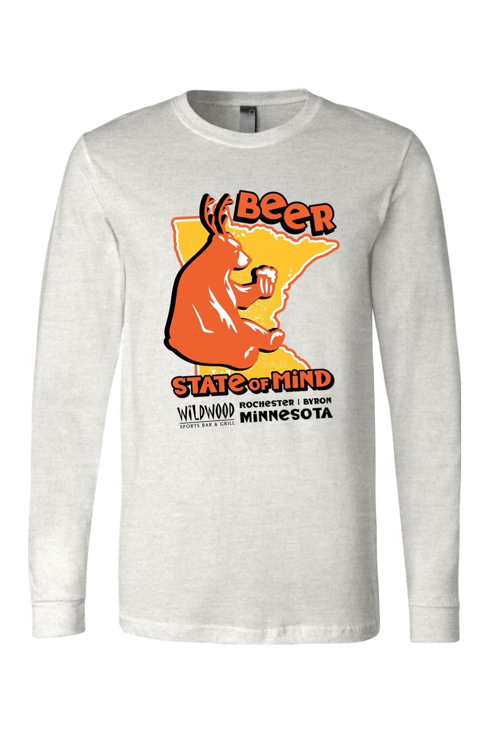 Light grey long-sleeve cotton jersey featuring a bear graphic, Minnesota state outline, and Beer State of Mind text.