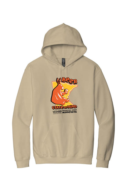 Tan midweight hoodie featuring a Wildwood Beer State of Mind graphic with a bear and Minnesota map design.
