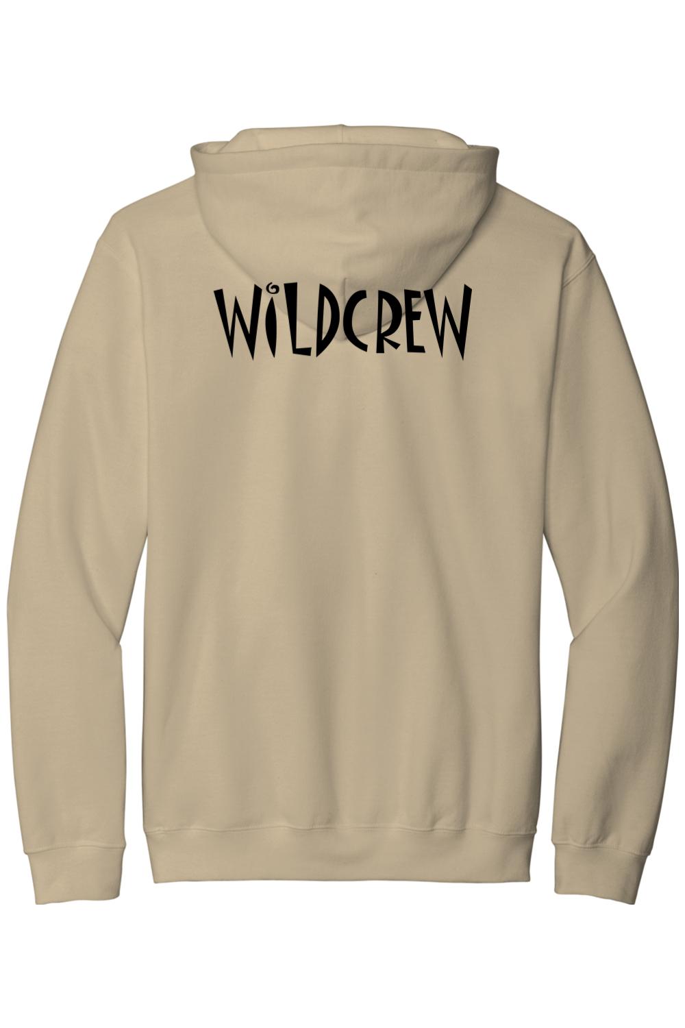 Tan midweight zip-up hoodie featuring the black WILDCREW logo printed on the back.